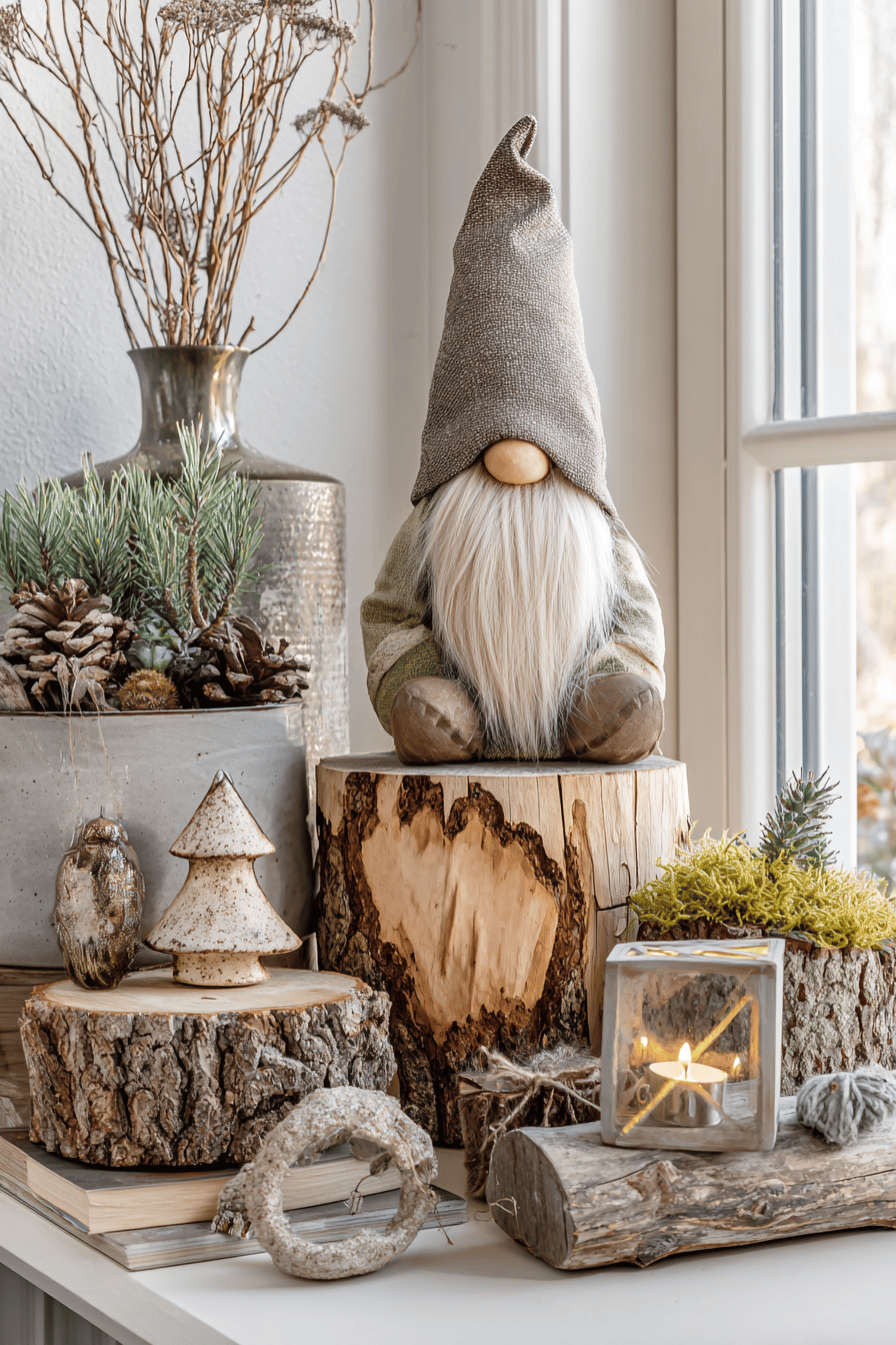 Weihnachtsdekoration aus Holzstämmen und Baumrinde mit einem Gnom.