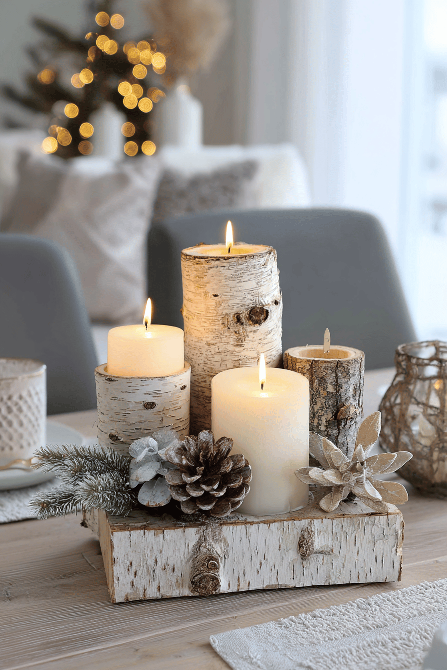 Kerzen auf rustikalem Halter aus Baumrinde, weihnachtlich dekoriert.