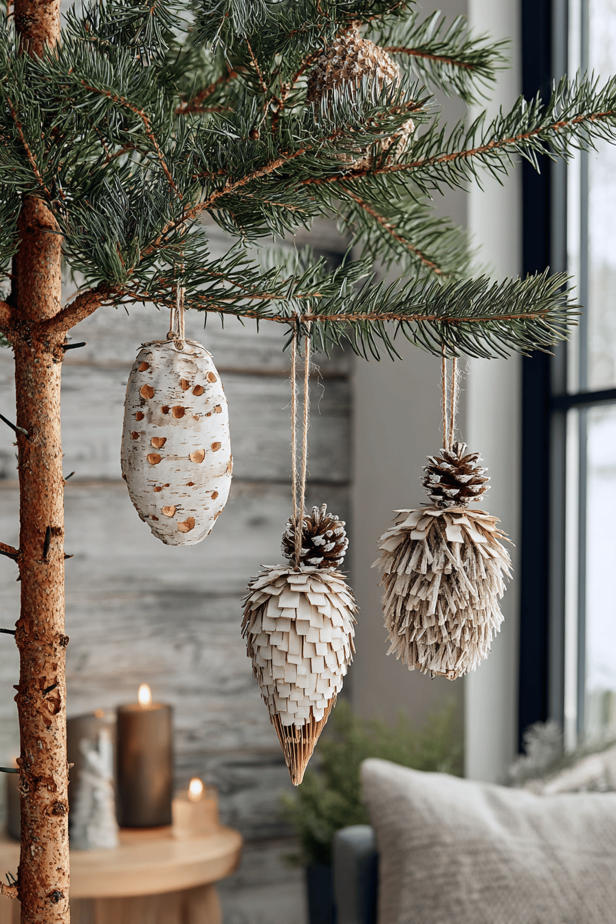 Weihnachtsbaumschmuck aus Birkenrinde und Tannenzapfen an einem Baum