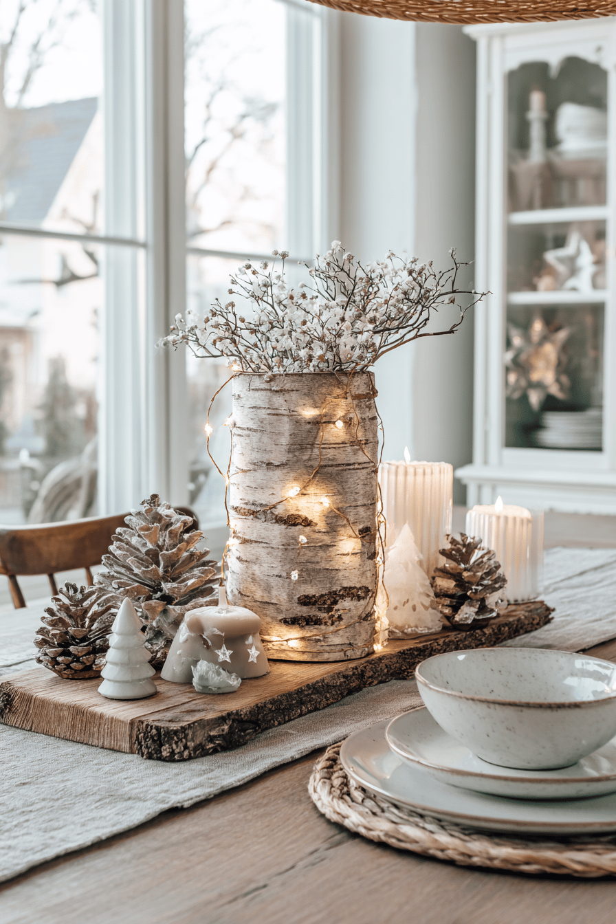 Weihnachtliche Tischdeko mit Baumrinde, LED-Lichterkette, Zapfen und Kerzen.