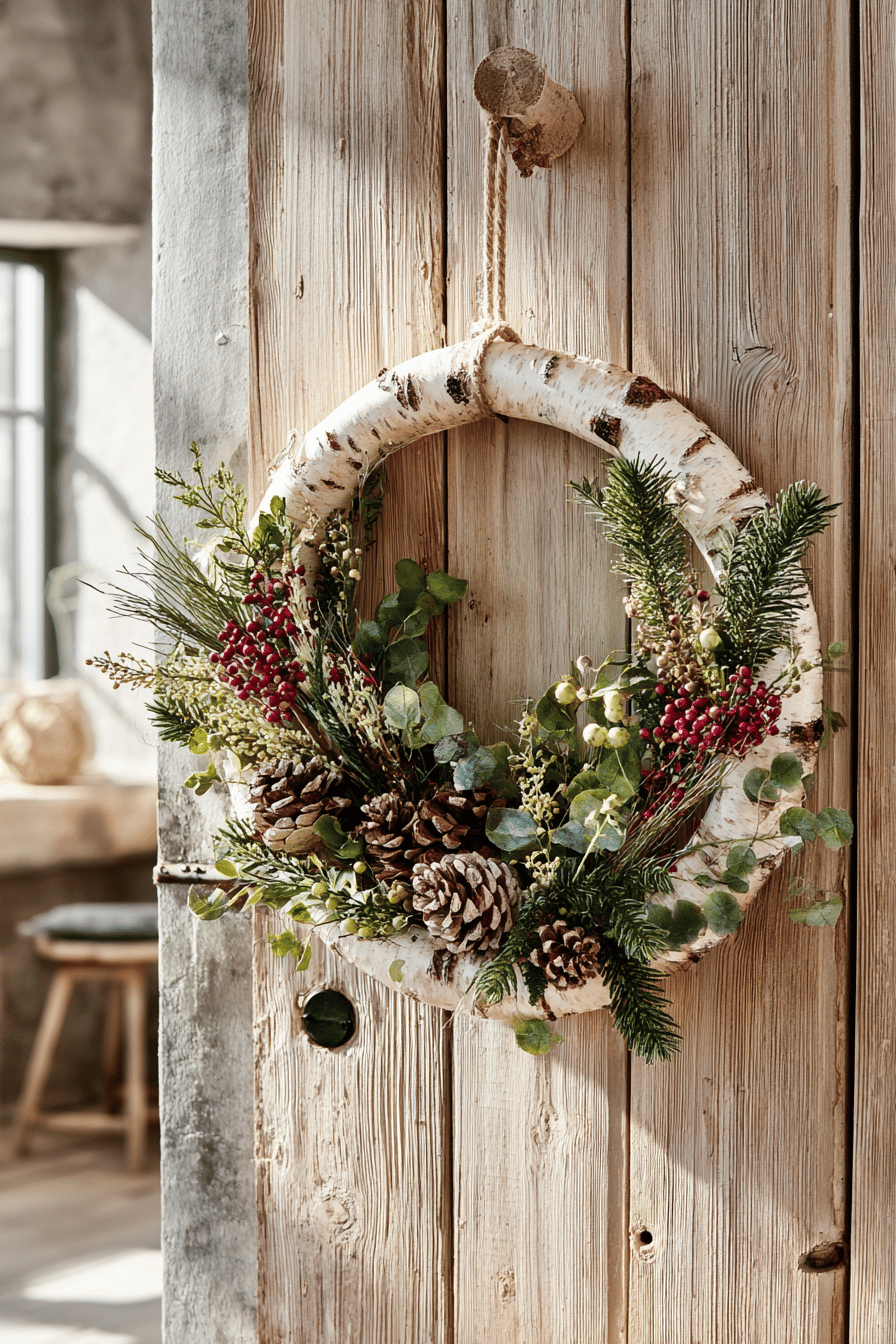 Weihnachtlicher Türkranz aus Birkenrinde mit Tannenzweigen, Beeren und Zapfen an einer Holztür.