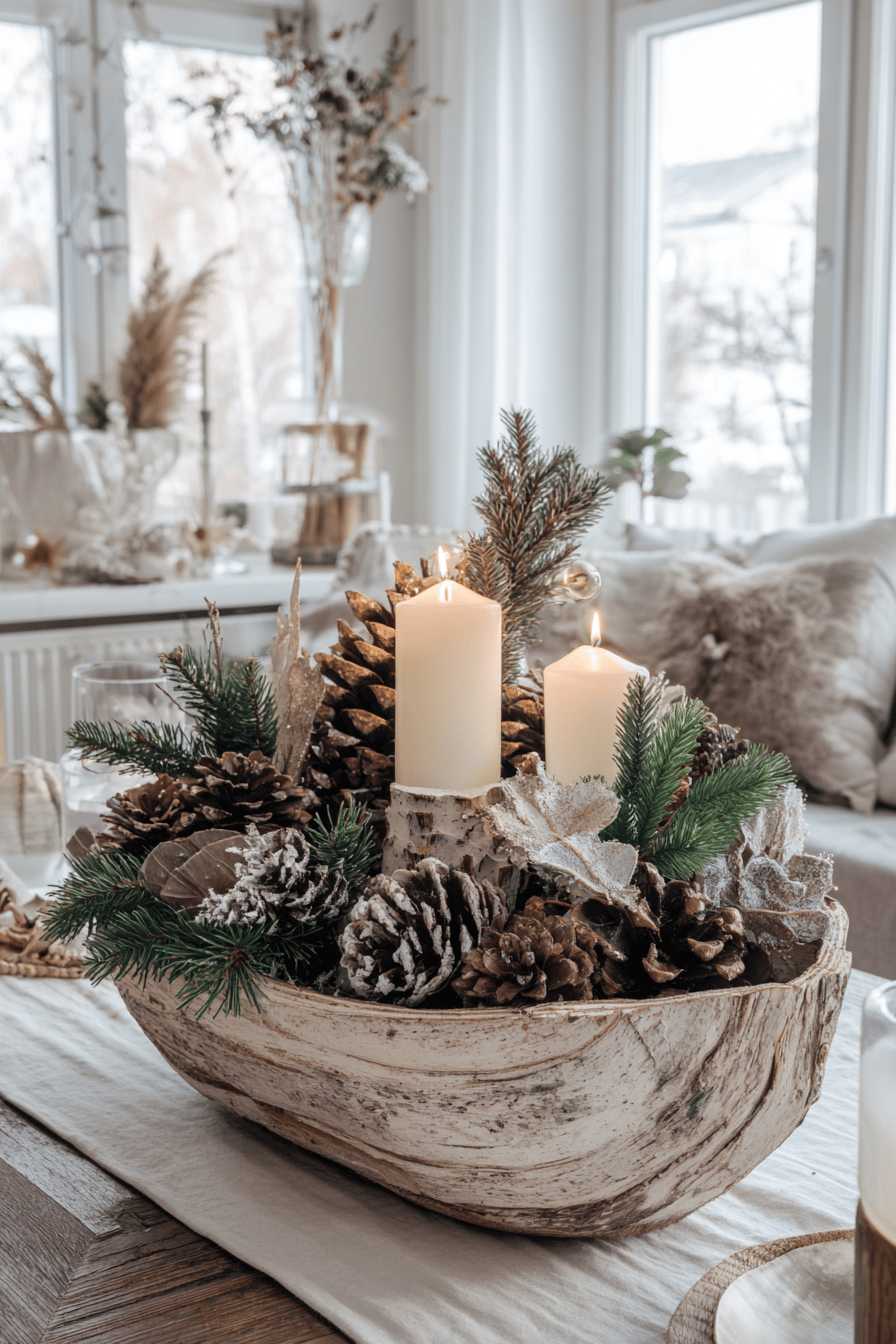 Ein stilvolles Adventsgesteck in einer großen Baumrindenschale mit Kerzen und Tannenzapfen.