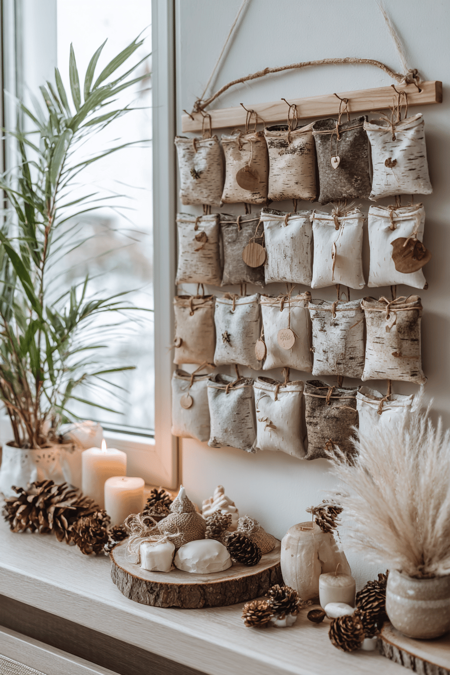 Adventskalender mit 24 Täschchen aus Baumrinde vor einem Fenster.