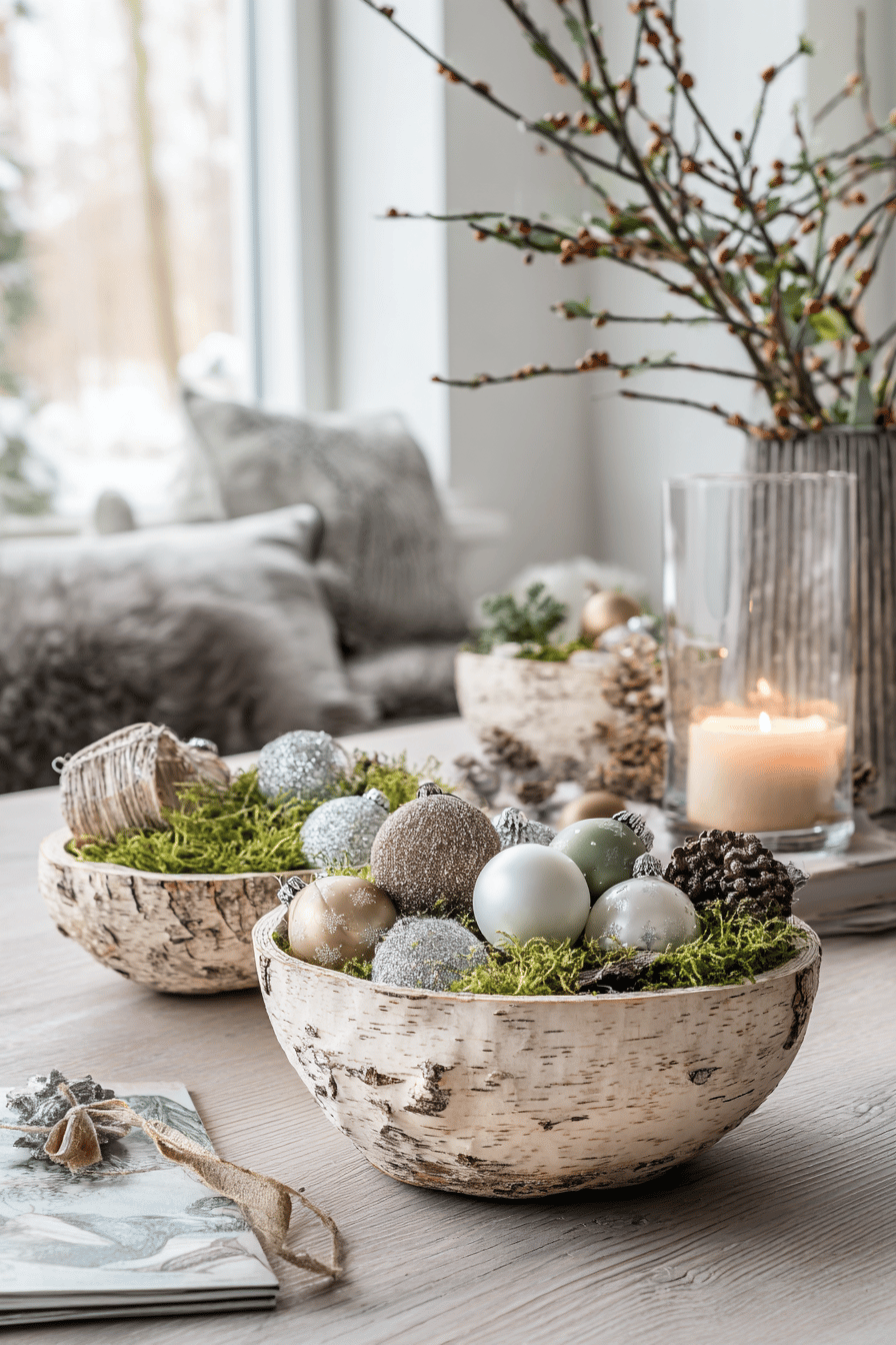 Dekorative Rindenschalen mit Moos und Christbaumkugeln auf einem Tisch.