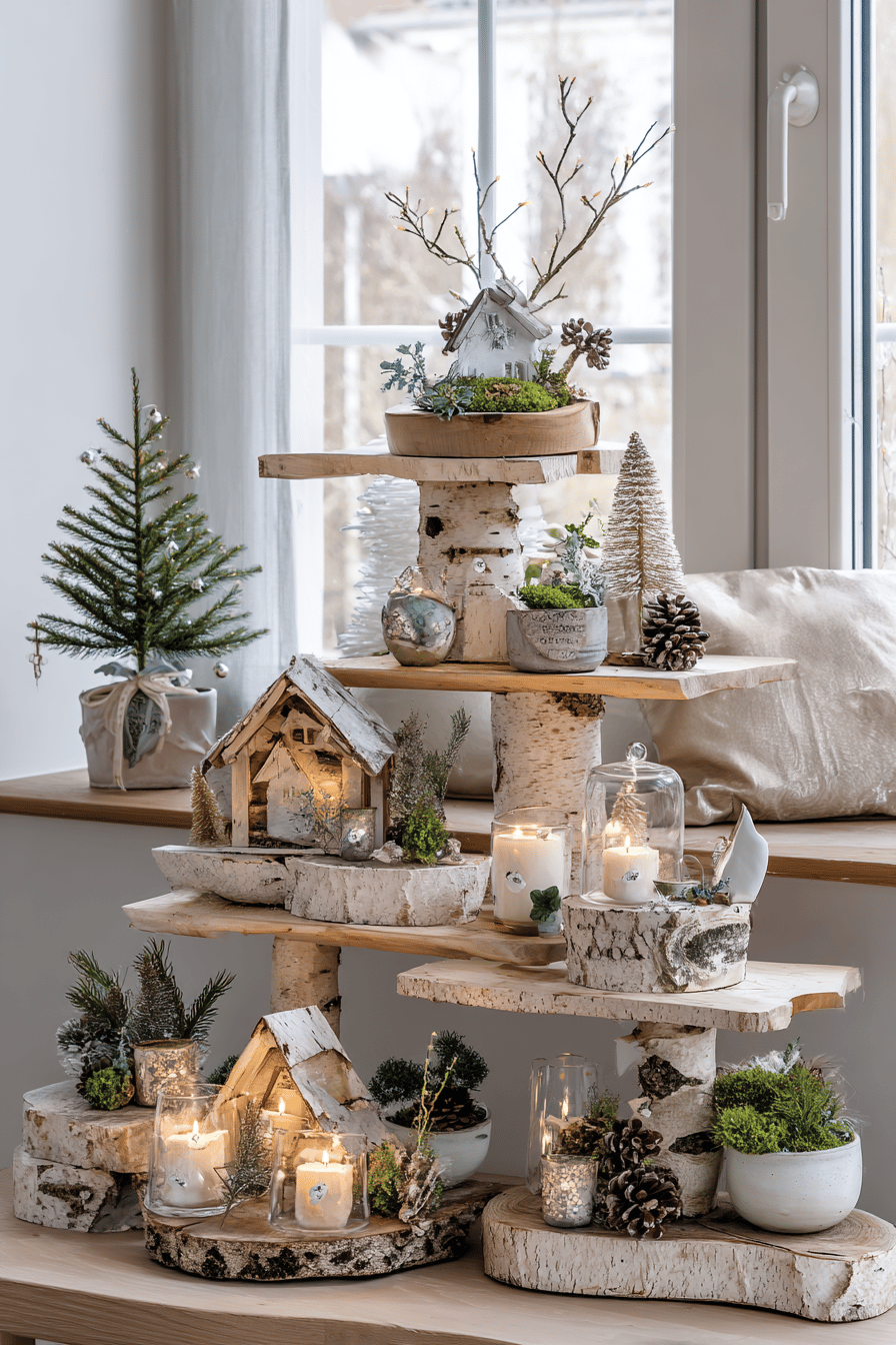 Eine dekorative Etagere aus Baumrinde mit weihnachtlichen Elementen wie Kerzen, Tannenzapfen und kleinen Häuschen.
