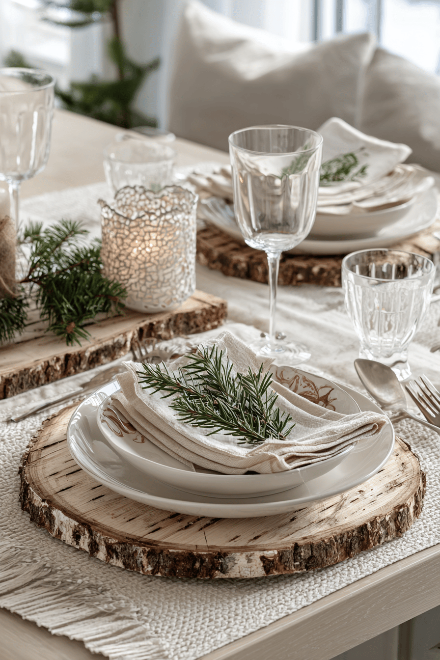 Ein festlich gedeckter Tisch mit weißen Platztellern auf flachen Rindenstücken und Glasdekoration.