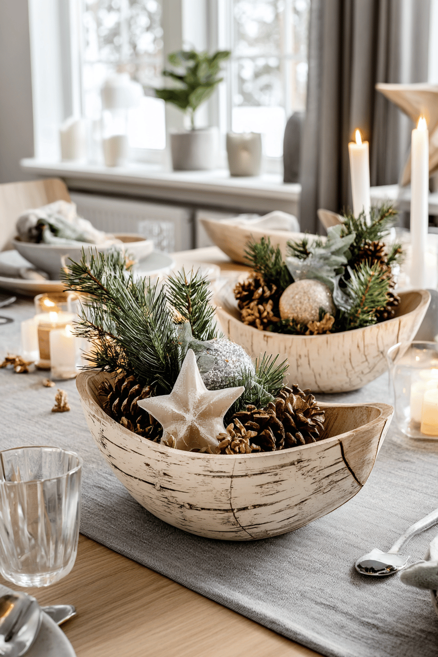 Weihnachtlich dekorierte Schalen aus Baumrinde mit Tannenzweigen und Zapfen.