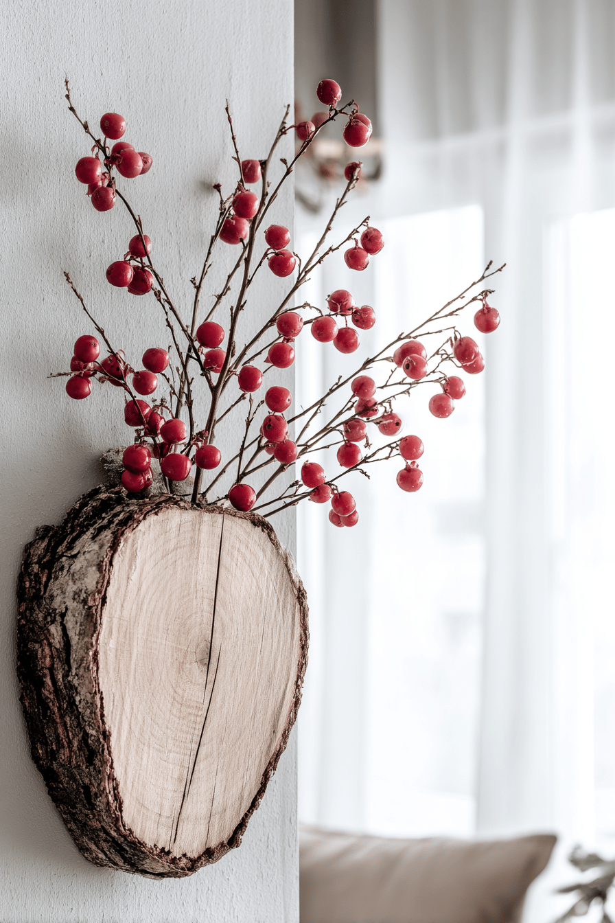 Wanddeko aus einem Stück Baumrinde mit roten Winterbeerenzweigen.