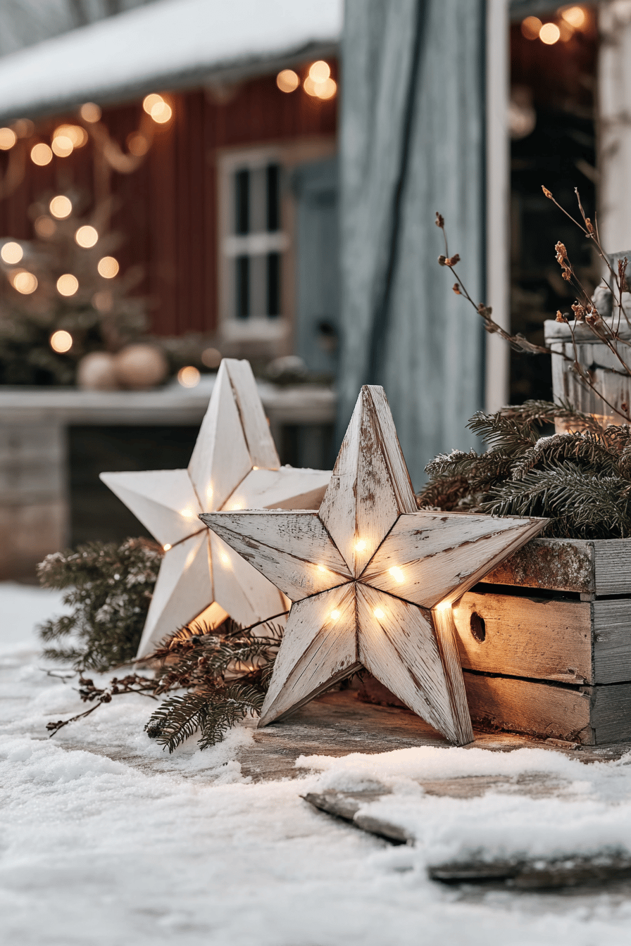 Zwei beleuchtete Holzsterne im Schnee vor einem weihnachtlich geschmückten Haus