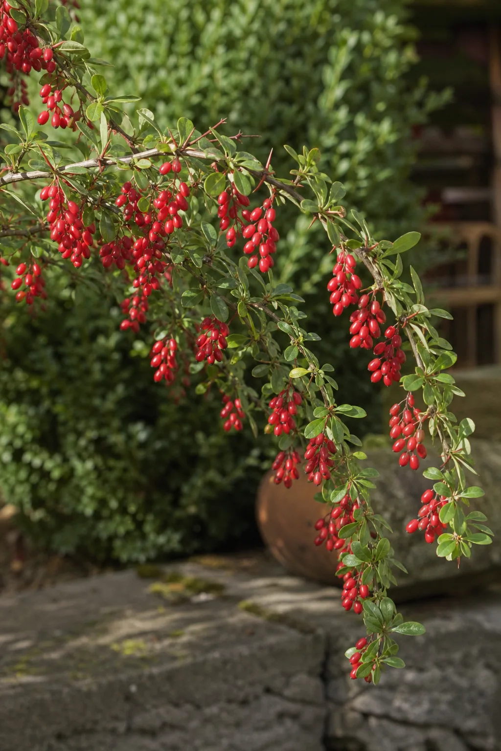 Bogig überhängender Berberitzenzweig mit hängenden Trauben länglicher roter Beeren und dreiteiligen Dornen