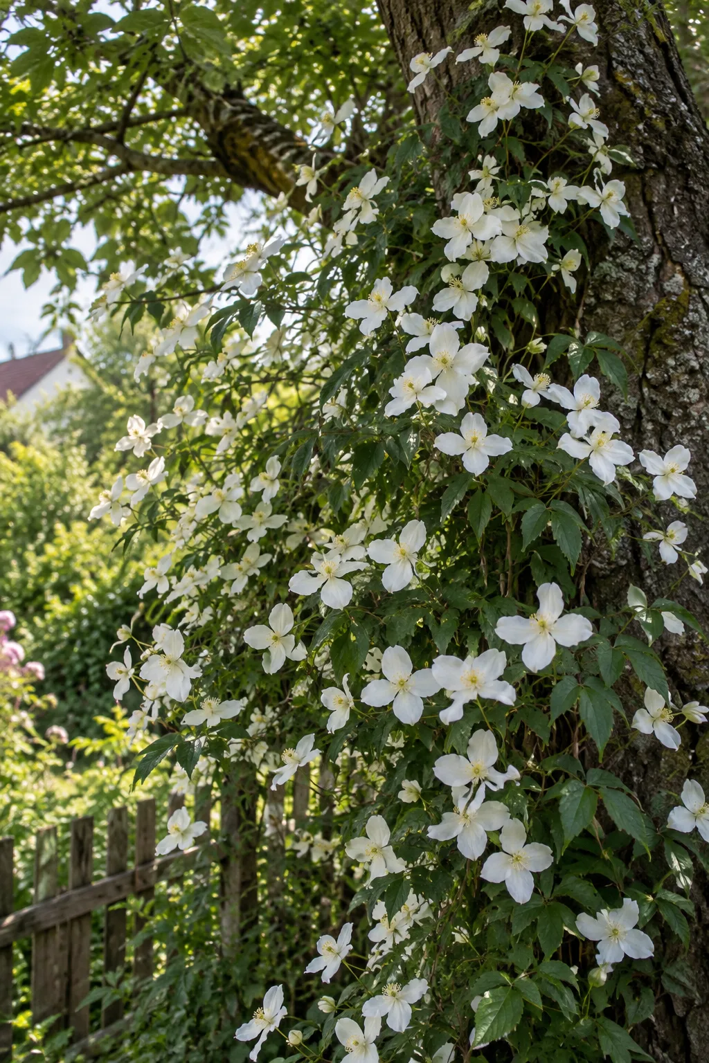 Sehr wüchsige Waldrebe in einem Baum am Gartenrand mit unzähligen einfachen, reinweißen Blüten im Halbschatten des Baumes
