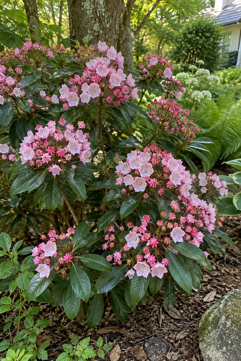 Immergrüne Lorbeerrose im Halbschatten unter Bäumen mit glänzend dunkelgrünen Blättern und großen Dolden kleiner blassrosa Schalenblüten, die aus gekräuselten dunkelrosa Knospen aufgehen