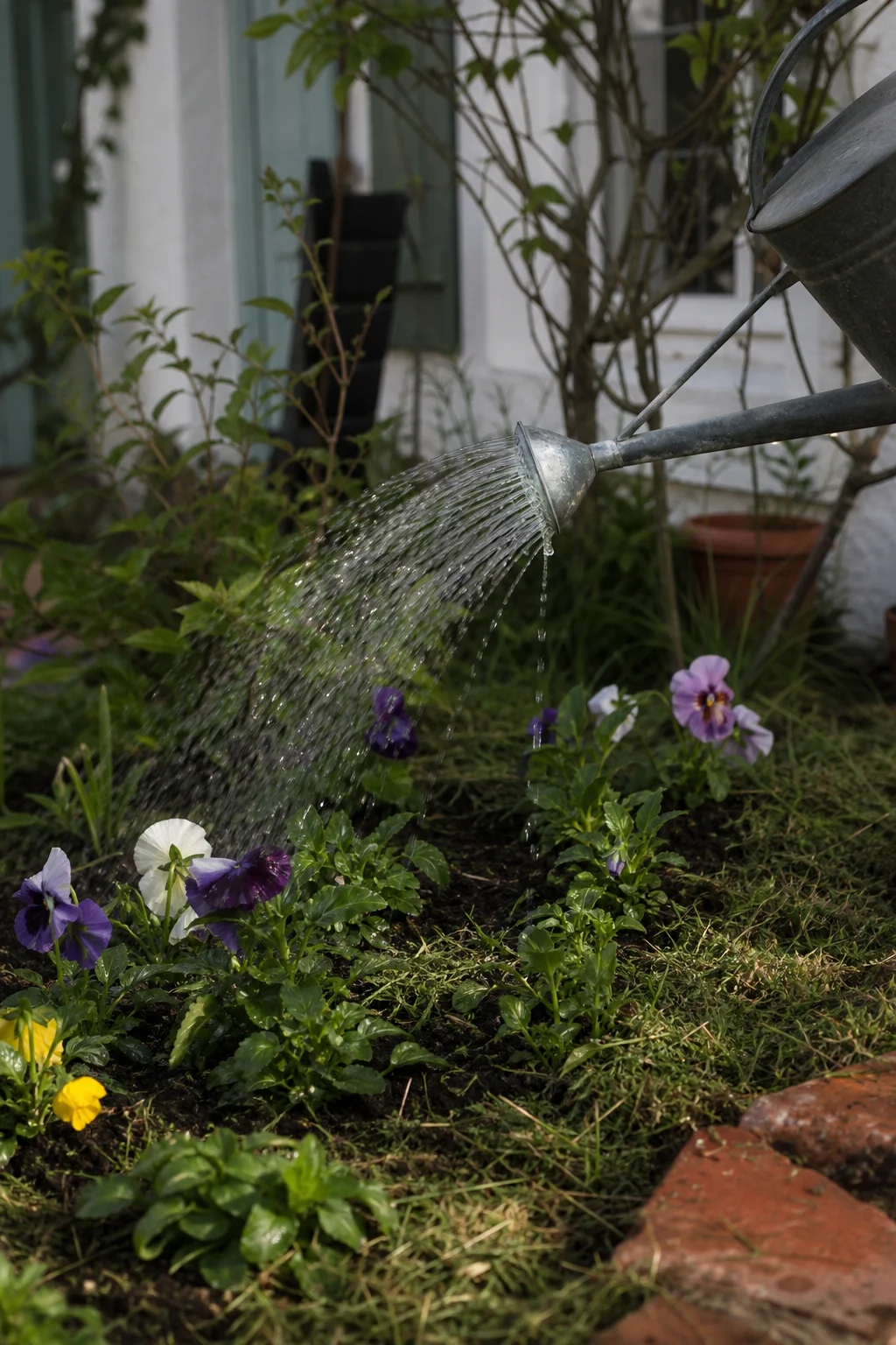 Eine Gießkanne mit feiner Brause wässert junge Blumensämlinge im Beet, zwischen den Reihen liegt eine dünne Schicht Grasschnitt als Mulch, weiches Morgenlicht.