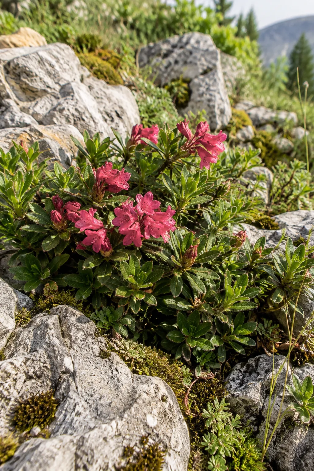 Niedriger Strauch der Bewimperten Alpenrose zwischen hellen Kalksteinen mit Büscheln kleiner röhrig-glockiger rosaroter Blüten und kleinen bewimperten Blättern