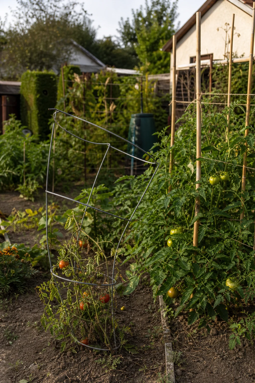Ein dünnes Drahtgitter ist unter einer Tomatenpflanze umgeknickt, im Nachbarbeet stützen Bambusstäbe und Schnurführung ein gleich großes Tomatenexemplar stabil.