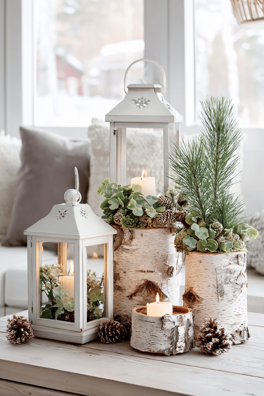 Rustikale Weihnachtsdekoration mit Kerzen und Birkenrinde.