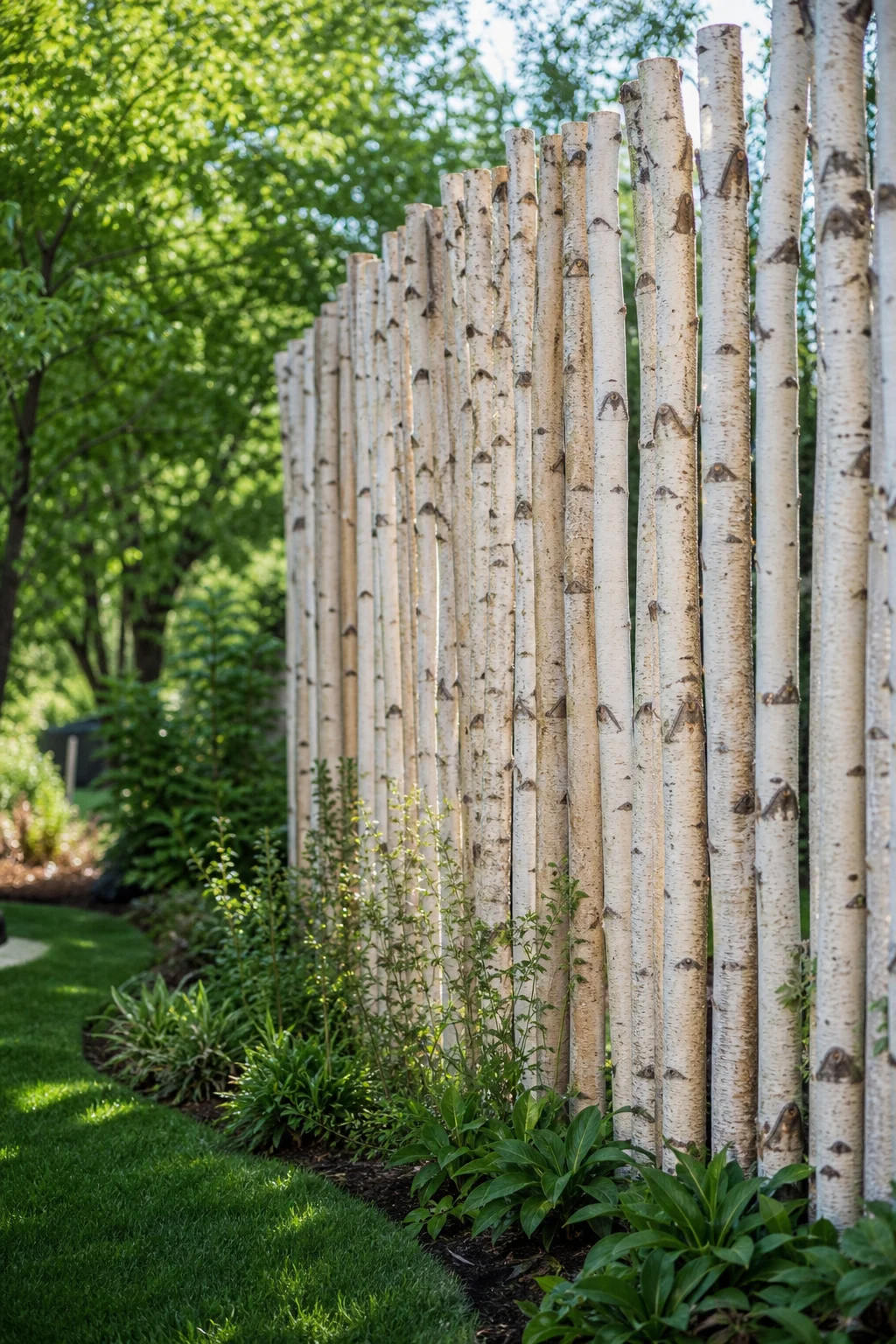 Birkenstämme als Sichtschutz am Gartenrand