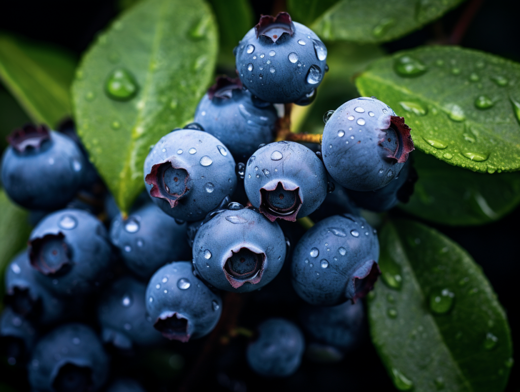 Heidelbeeren mit Wassertropfen auf Blättern.