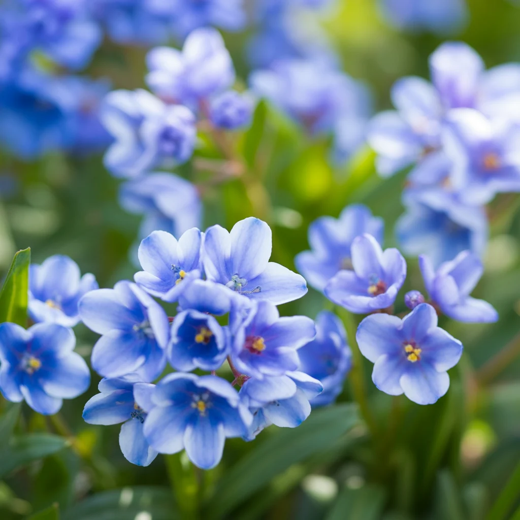 Leuchtend enzianblaue Blüten des Scheinsteinsamen über schmalem Laub