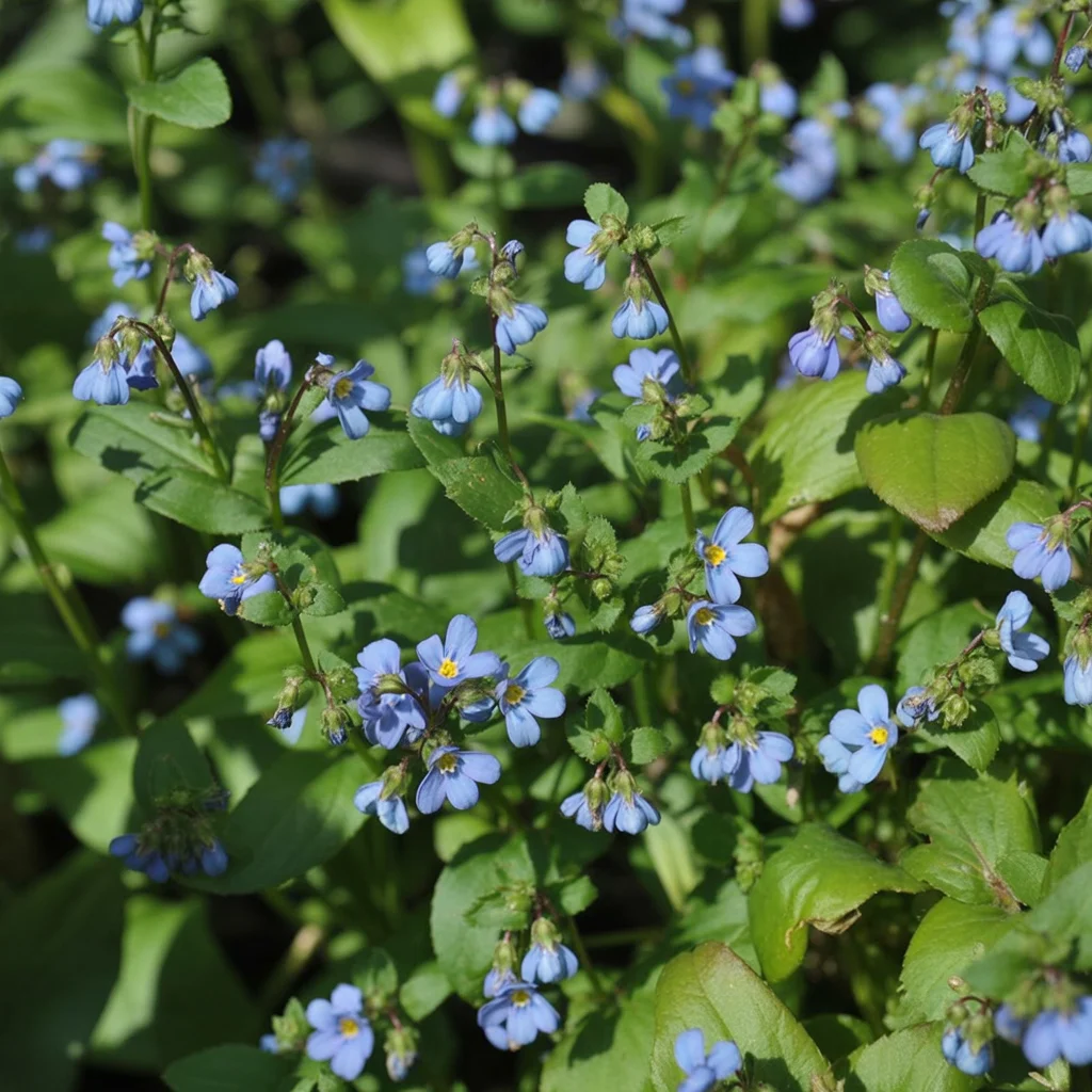 Himmelblaue Blüten des Frühlings-Gedenkemein im Halbschatten