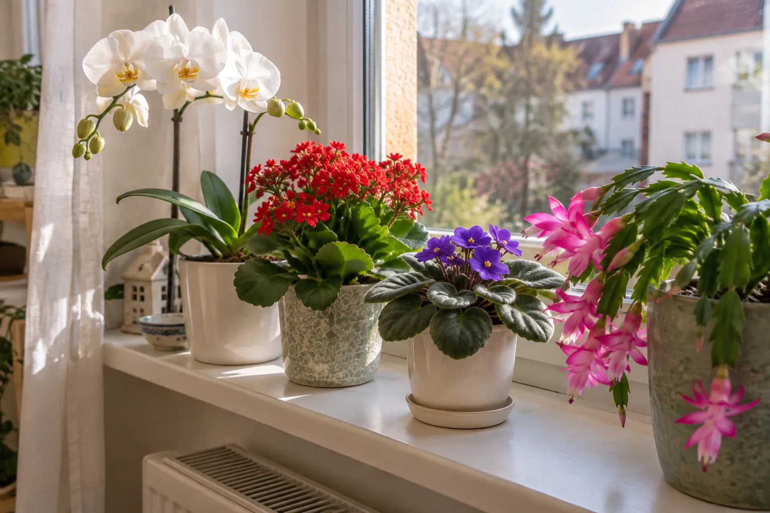 Helle Fensterbank mit blühenden Zimmerpflanzen in Töpfen, darunter eine weiße Schmetterlingsorchidee, ein rotes Flammendes Käthchen, ein violettes Usambaraveilchen und ein Weihnachtskaktus mit pinken Blüten