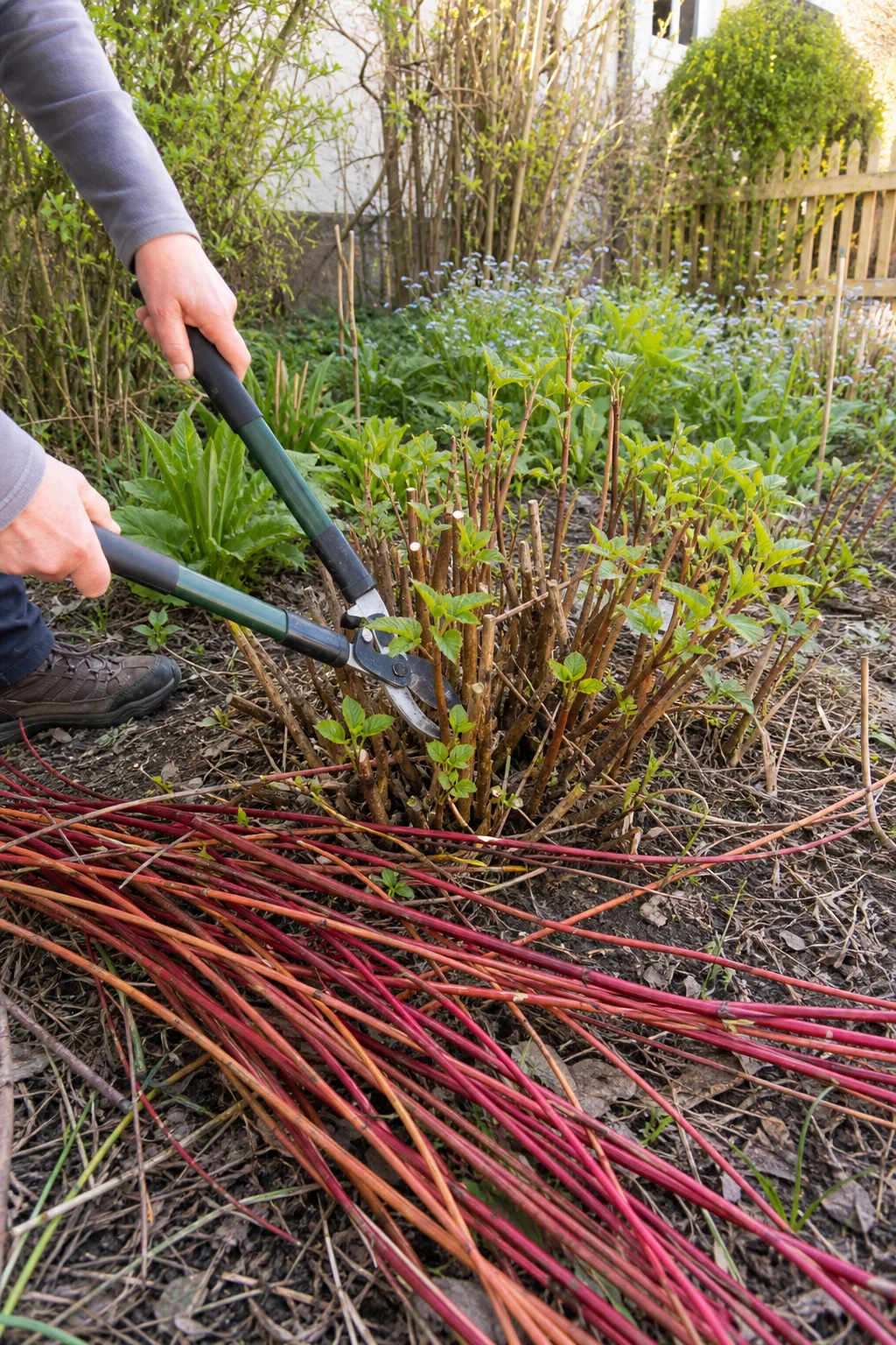 Sibirischer Hartriegel wird im Spätfrühling mit einer Astschere bodennah auf kurze Stummel zurückgeschnitten, leuchtend rote Triebe liegen daneben am Boden.