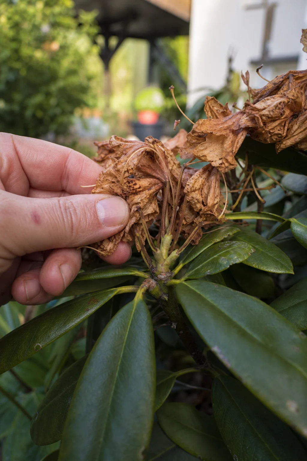 Eine Hand bricht einen verblühten Rhododendron-Blütenstand direkt über zwei neuen Laubknospen ab, die welken Blütenblätter lösen sich sauber vom Trieb.