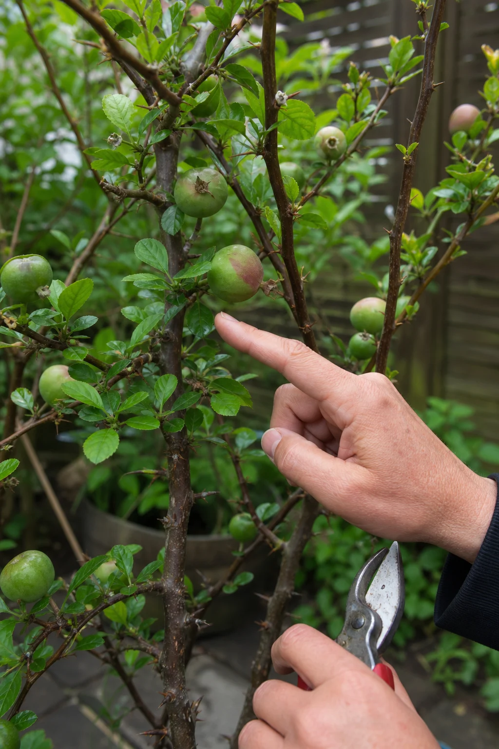 Zierquitten-Strauch mit kleinen grünen Früchten zwischen dornigen Ästen, eine Hand zeigt auf eine junge Frucht, in der anderen Hand eine Gartenschere.