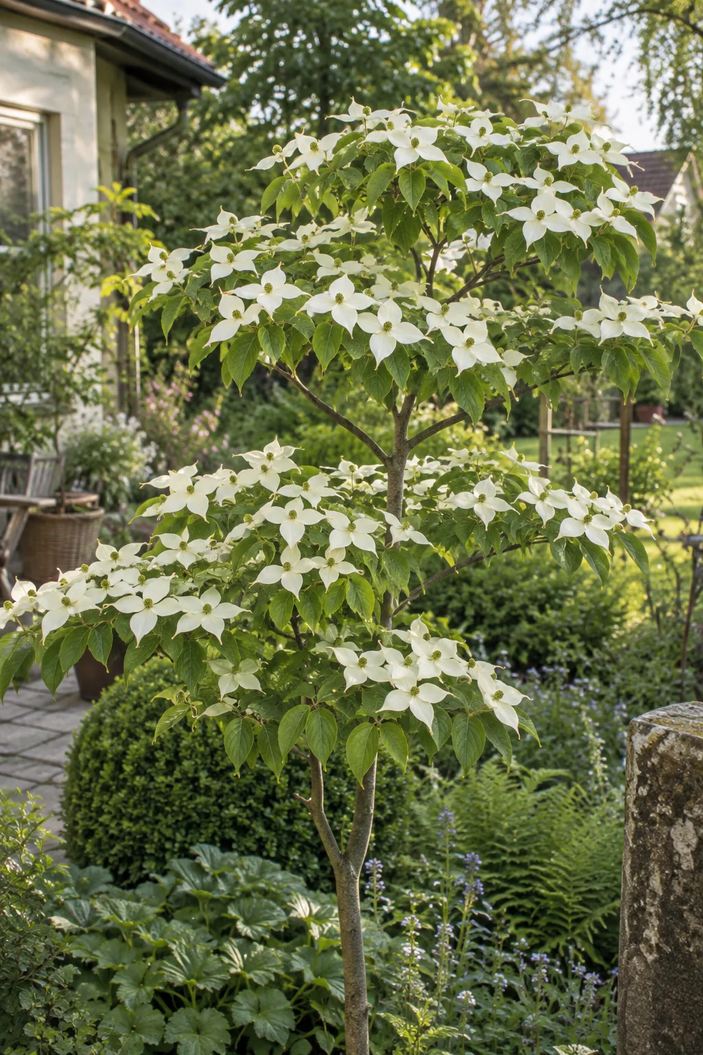 Kleiner Baum im Juni, über den waagerechten Zweigen sitzen unzählige Blüten mit vier spitzen, cremeweißen Hochblättern