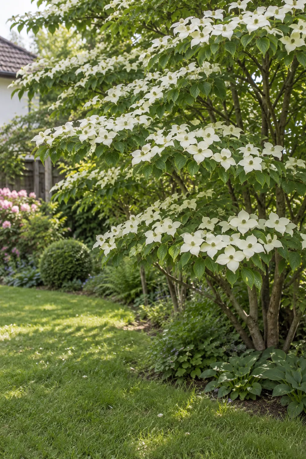 Mehrstämmiger Japanischer Blumenhartriegel im Garten, die waagerecht geschichteten Äste voller Blüten aus vier spitzen, cremeweißen Hochblättern