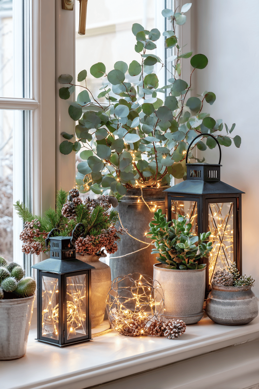 Weihnachtlich dekorierte Blumenkästen mit Laternen und Pflanzen