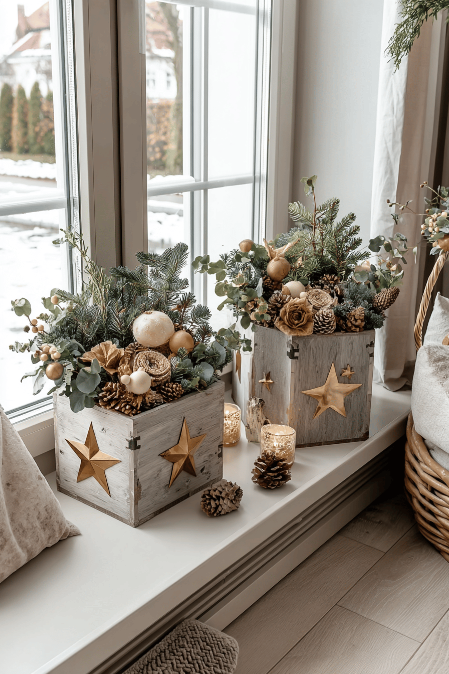 Weihnachtlich dekorierte Blumenkästen mit goldenen Sternen und Tannenzweigen.