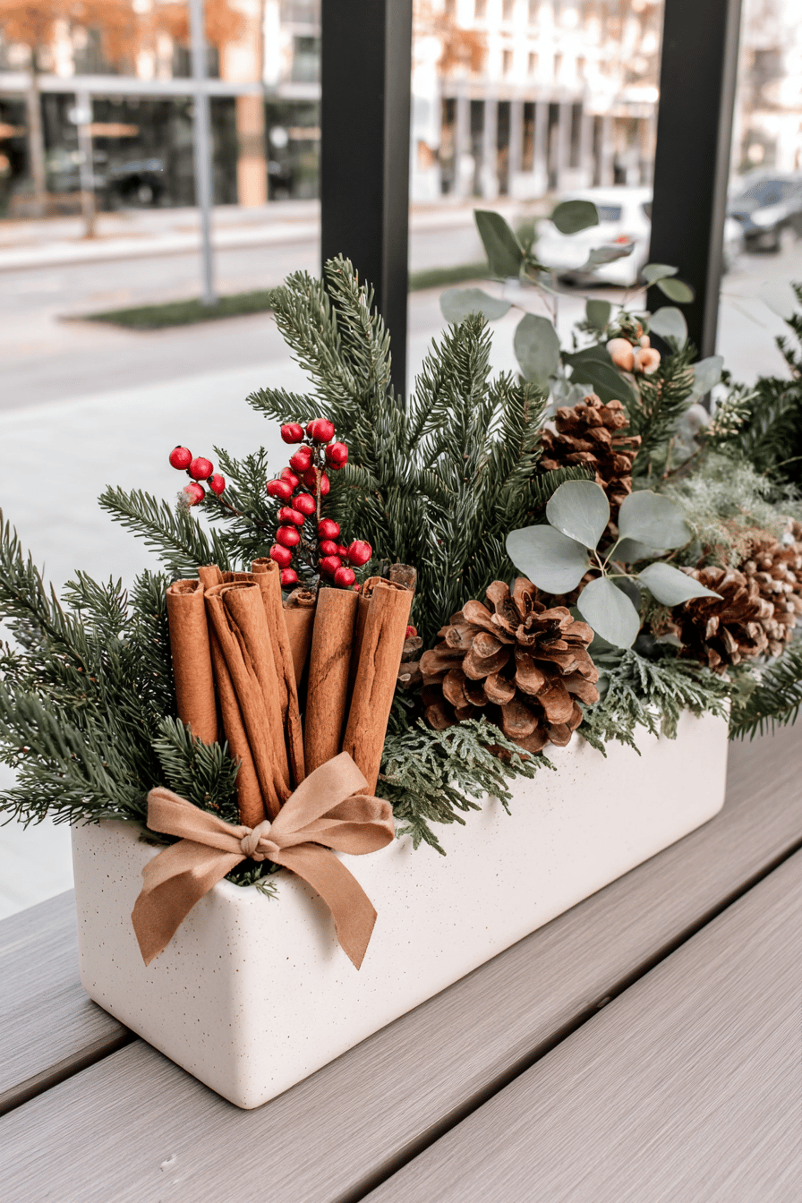 Ein weihnachtlich dekorierter Blumenkasten mit Zimtstangen, Kiefernzweigen, Beeren und Tannenzapfen.
