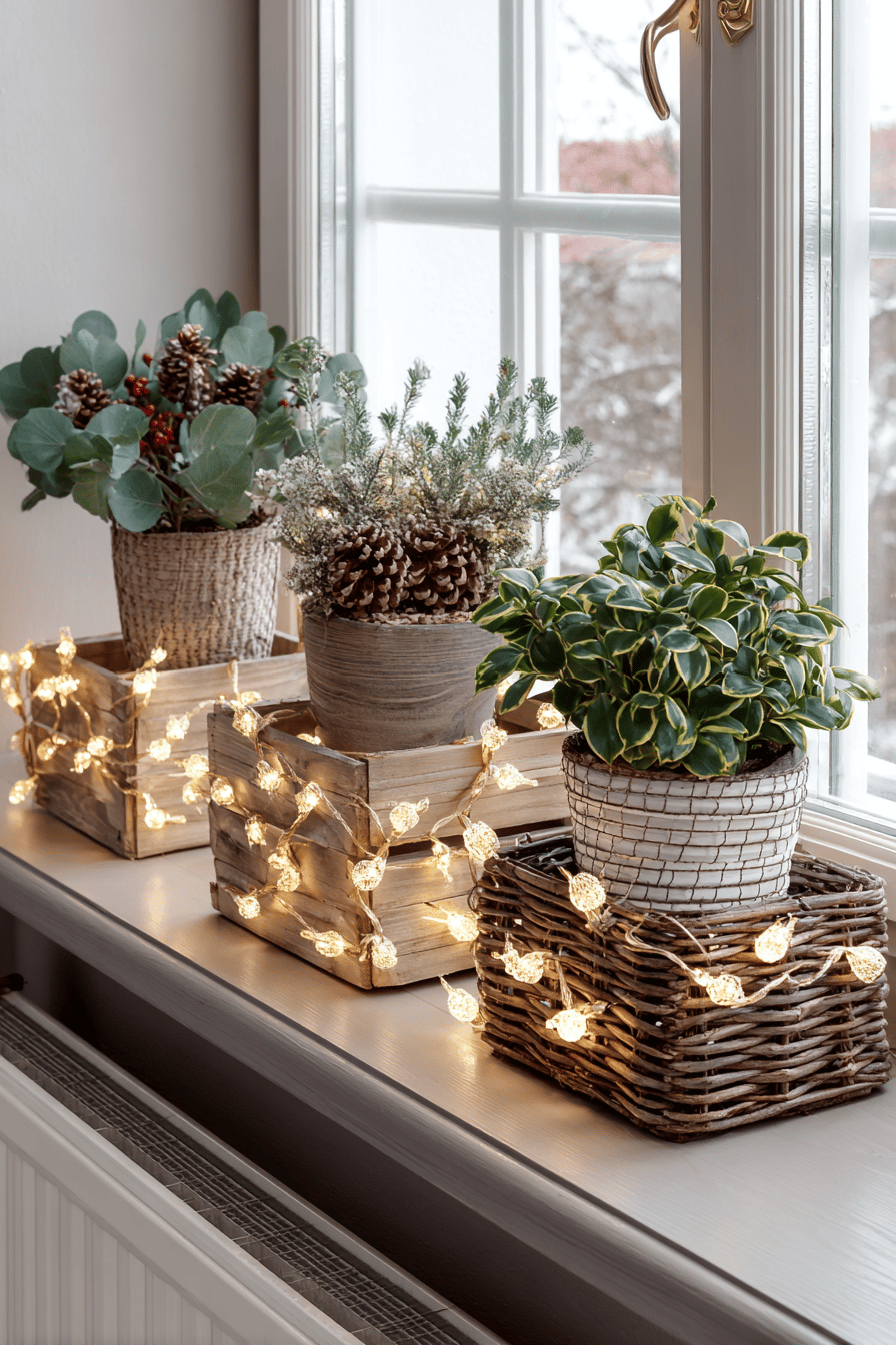 Blumenkästen mit Pflanzen und Lichterketten dekoriert, weihnachtliche Atmosphäre.