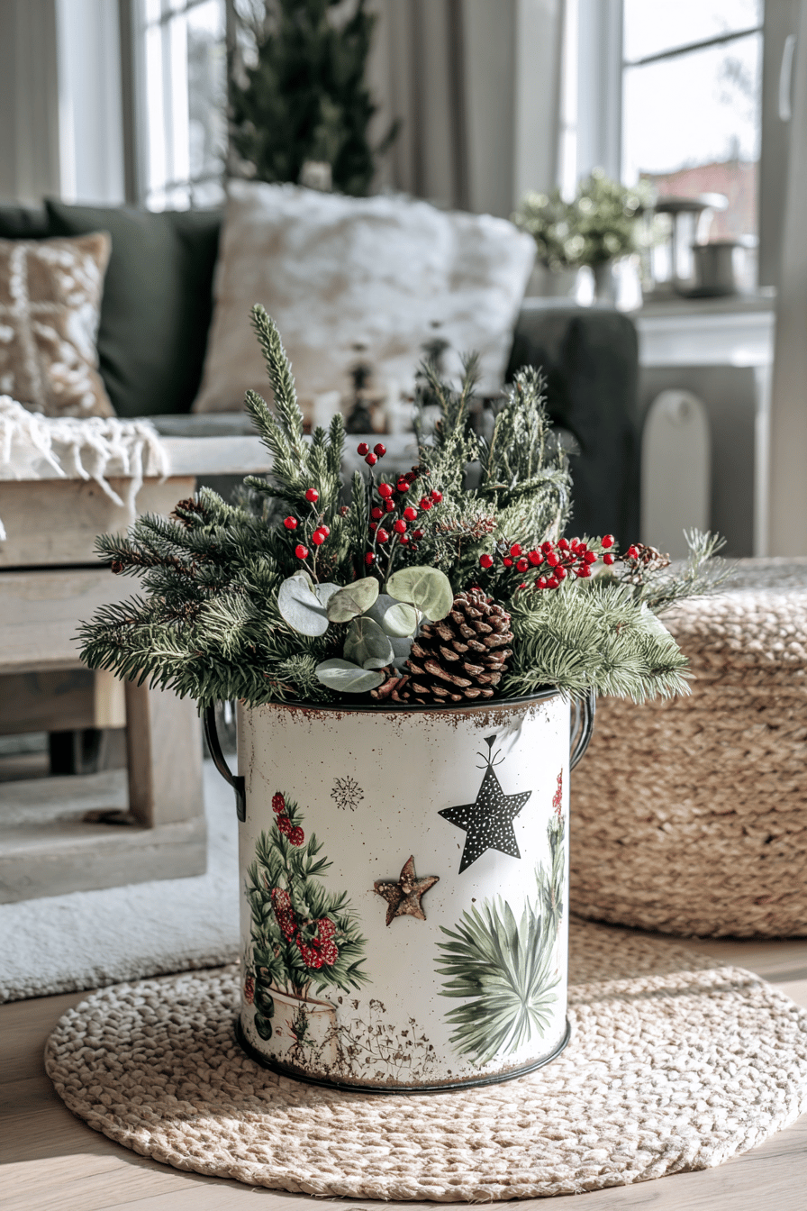 Ein Metallkübel mit weihnachtlichen Motiven, gefüllt mit Tannenzweigen, roten Beeren und Kiefernzapfen.