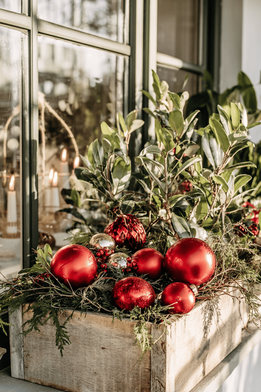 Holzkasten mit grünen Pflanzen und roten Weihnachtskugeln dekoriert vor einem Fenster.