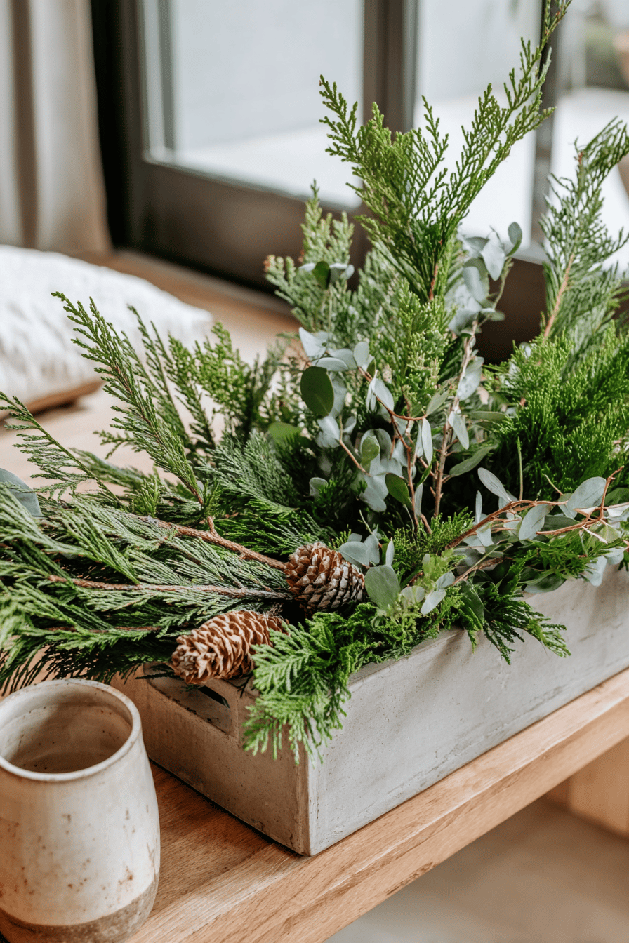 Weihnachtlich dekorierter Blumenkasten mit Zypressenzweigen und Tannenzapfen.