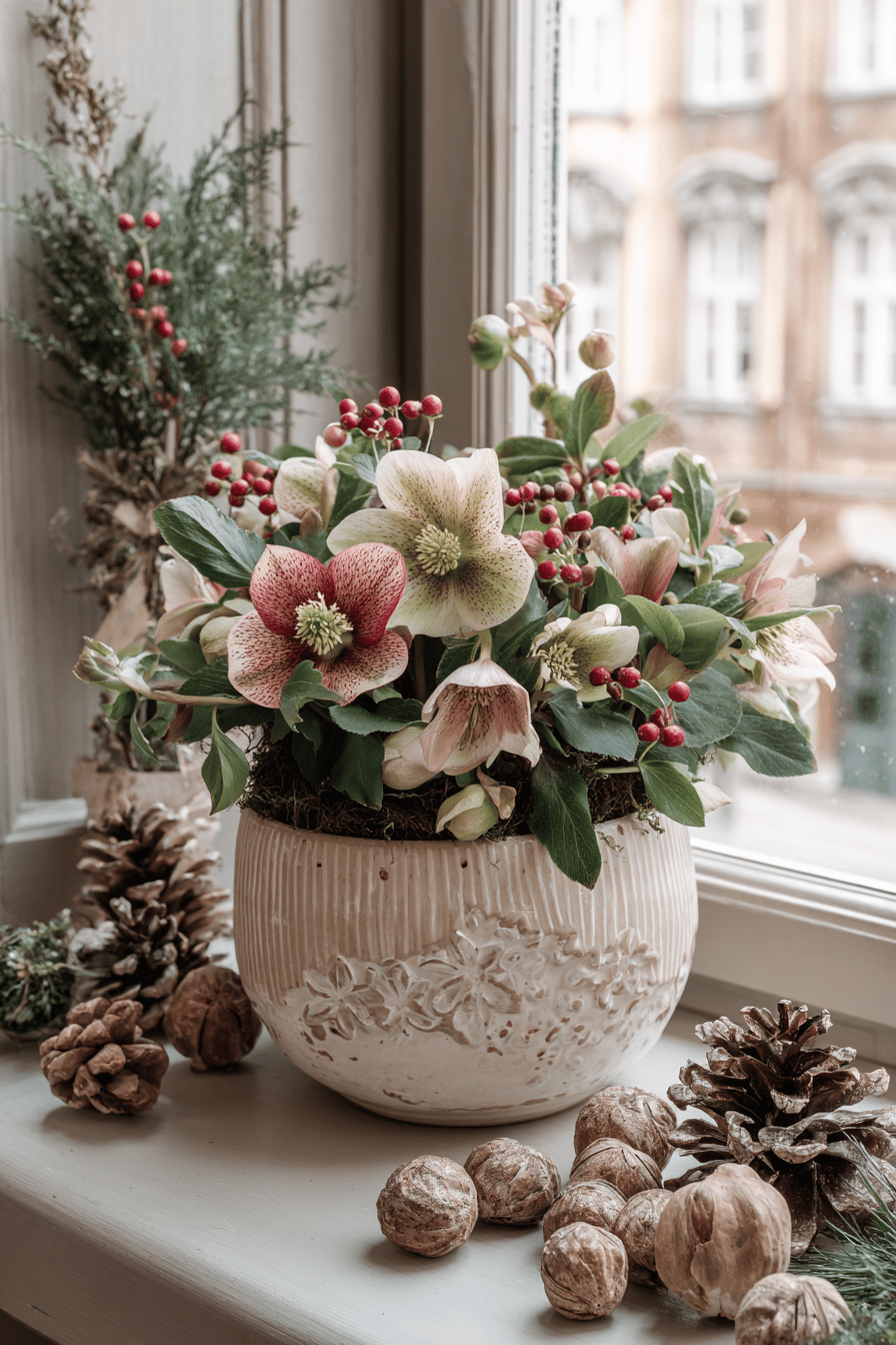 Ein festlich dekoriertes Fensterbrett mit Christrosen, Tannenzapfen und Nüssen.