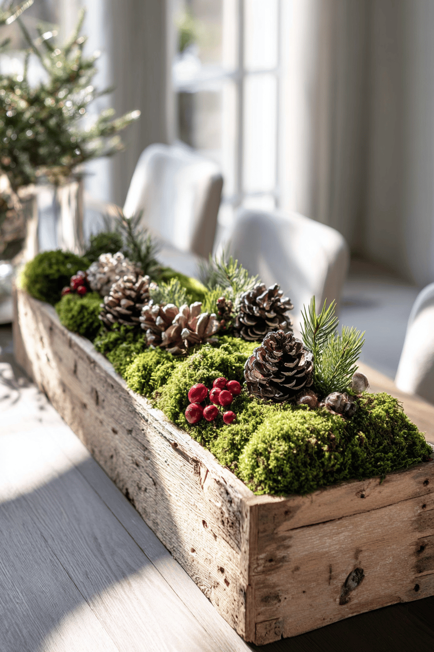 Rustikaler Blumenkasten mit Moos, Zapfen und Beeren als weihnachtliche Dekoration.