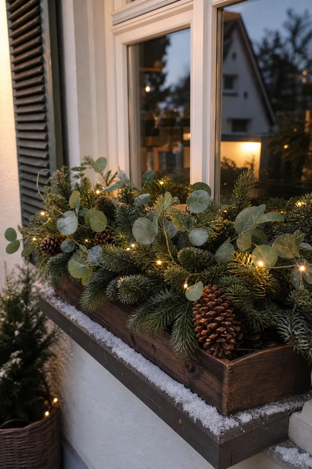 Holz-Blumenkasten am Fenster mit Eukalyptus, Tannengrün, Zapfen und warmer Lichterkette in der Dämmerung