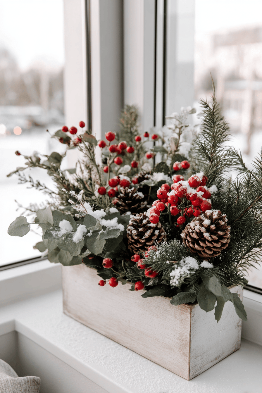 Weihnachtlich dekorierter Blumenkasten mit Kunstschnee, Tannenzweigen, Zapfen und roten Beeren.