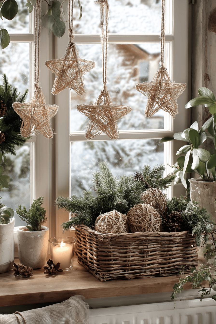 Weihnachtlich dekorierter Fenstersims mit Strohsternen und Pflanzen.
