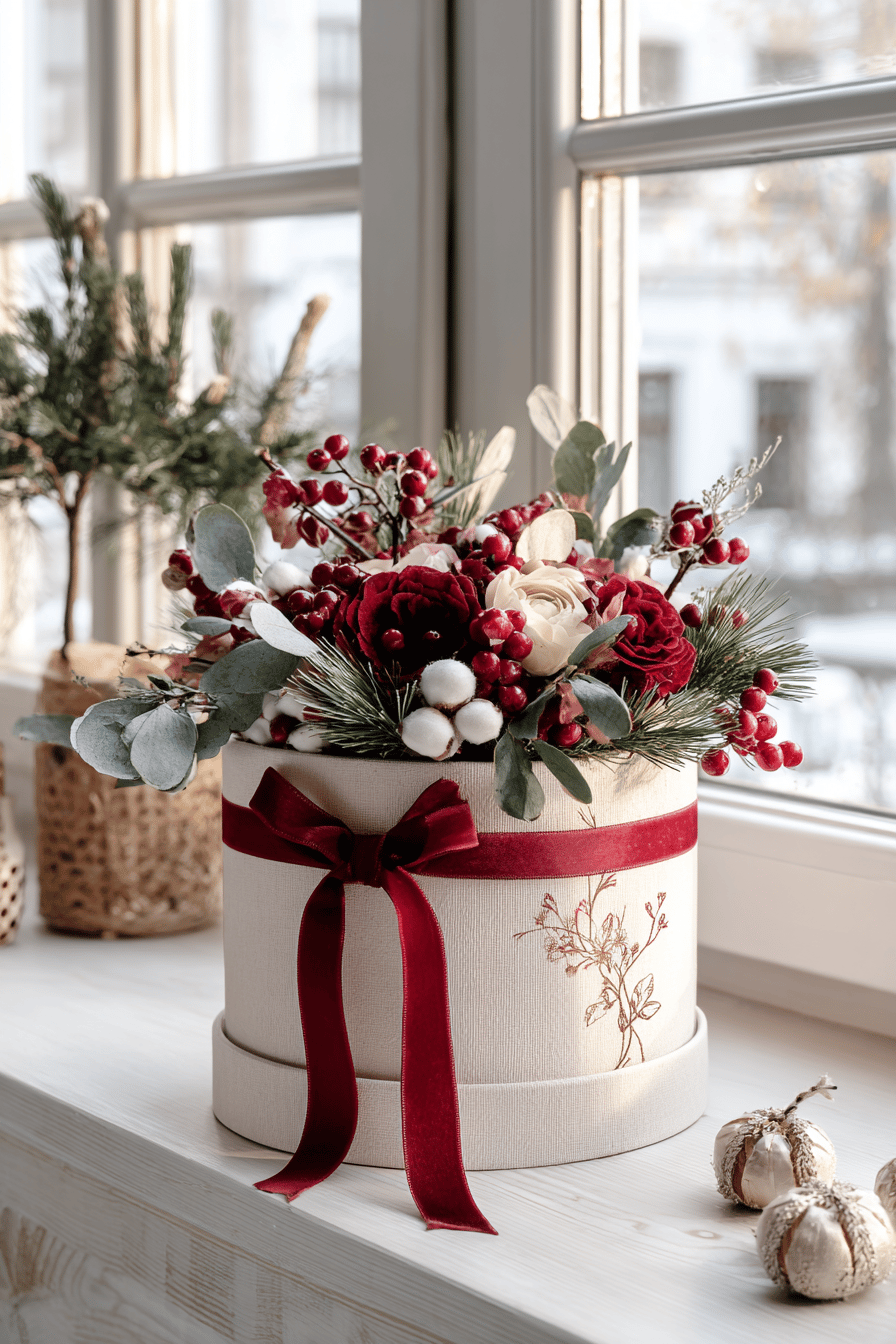 Weihnachtlich dekorierter Blumenkasten mit roten Schleifen und winterlichen Pflanzen.
