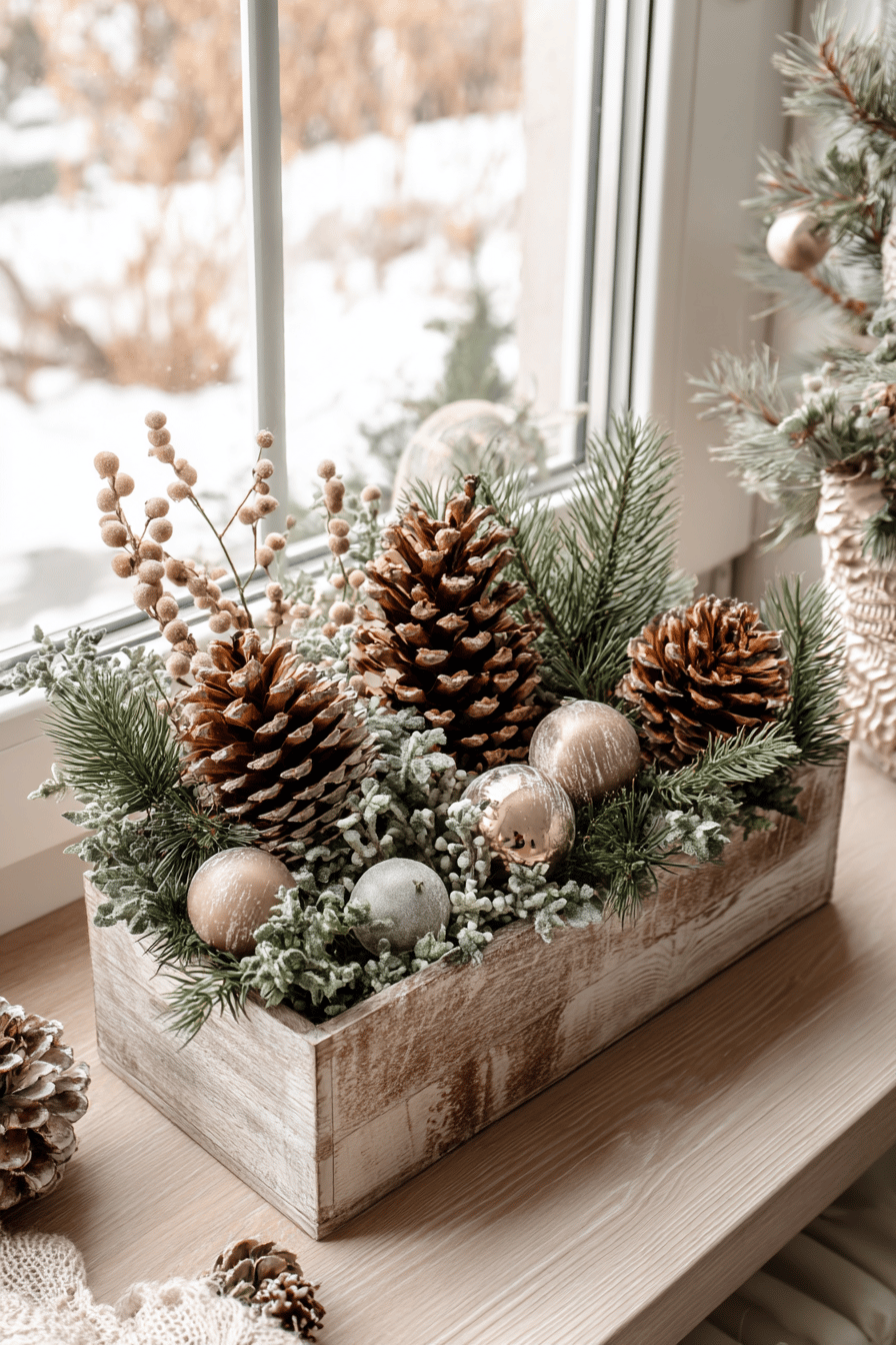 Ein weihnachtlich dekorierter Blumenkasten mit Tannenzapfen, Zweigen und Christbaumkugeln auf einer Fensterbank.