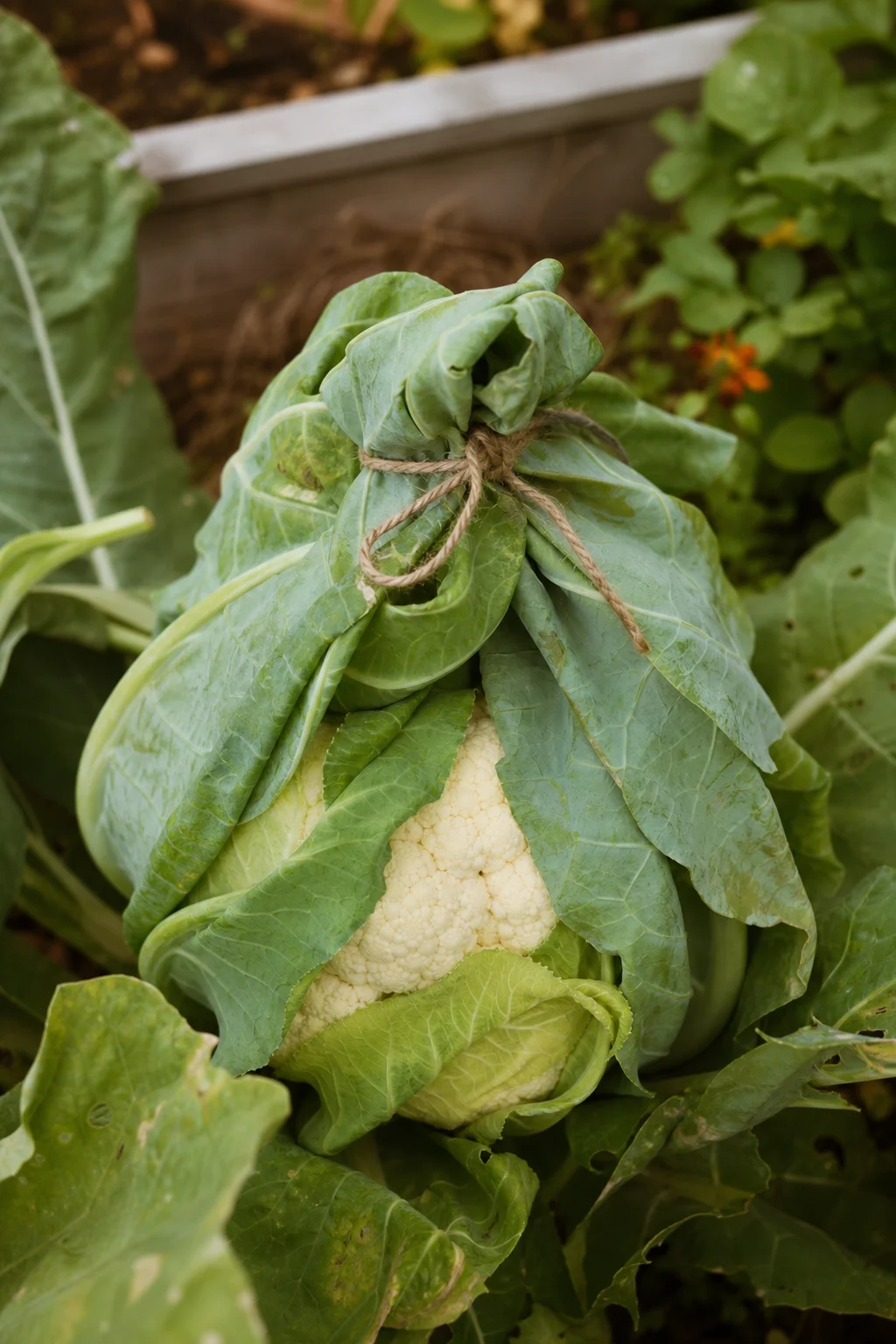 Blumenkohl im Mischkulturbeet mit Buschbohnen, Sellerie und Ringelblumen auf gemulchter dunkler Erde.