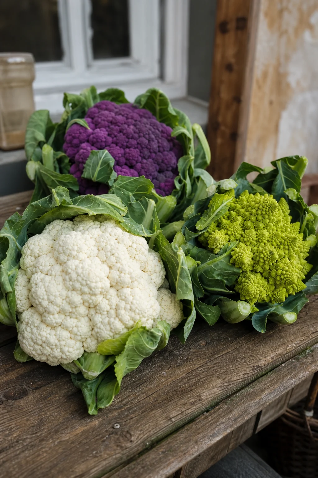 Drei frisch geerntete Blumenkohlsorten auf einer Holzbank: ein weißer Klassiker, ein violetter und ein grüner Romanesco.