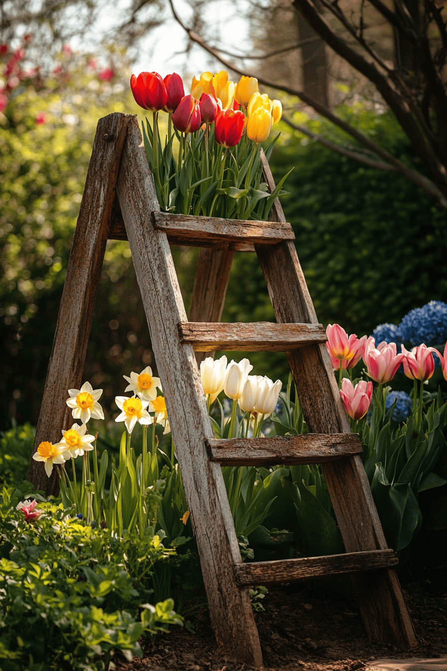Rustikale Leiter mit bunten Frühlingsblumen im Garten.