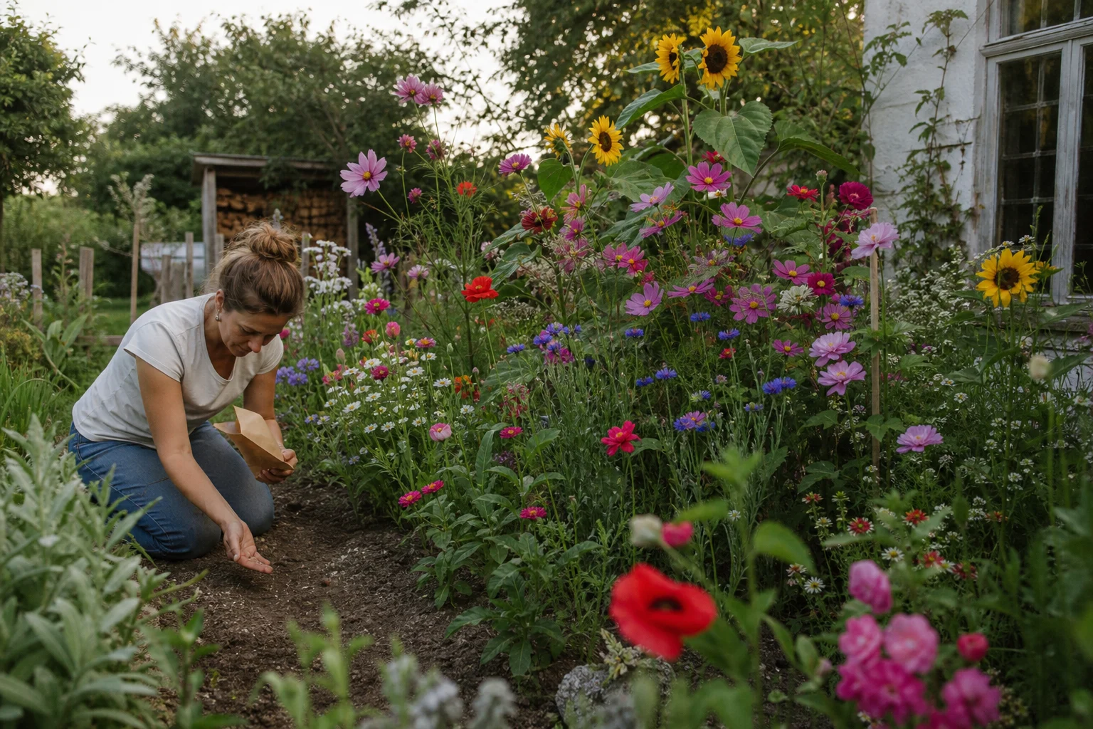 Üppig blühendes Bauerngartenbeet im Frühsommer mit Sonnenblumen, Zinnien, Kosmeen und Mohn, eine Gärtnerin streut Samen aus einer Papiertüte.