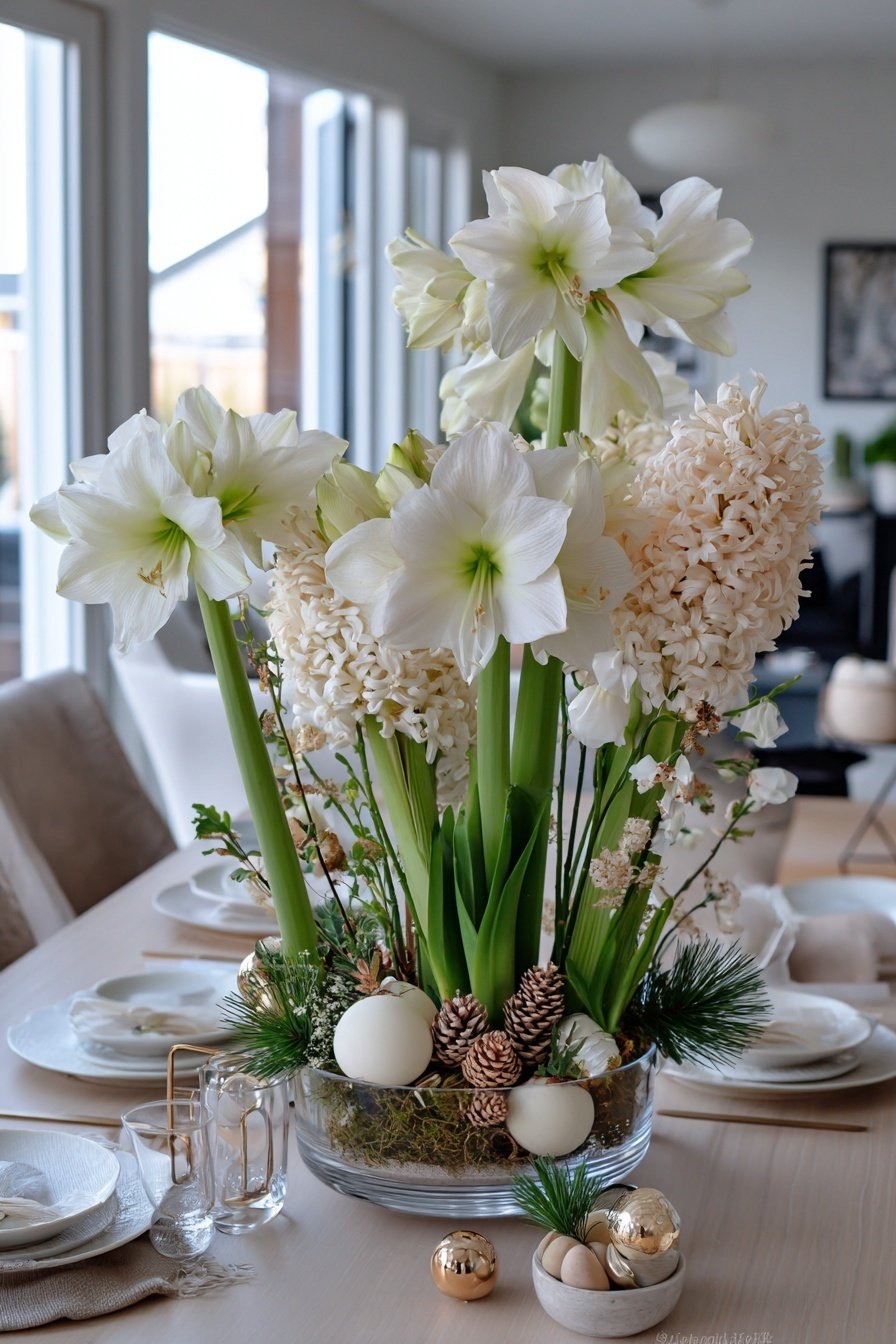 Tischdeko mit weißen Amaryllis und cremefarbenen Hyazinthen in einer Glasvase