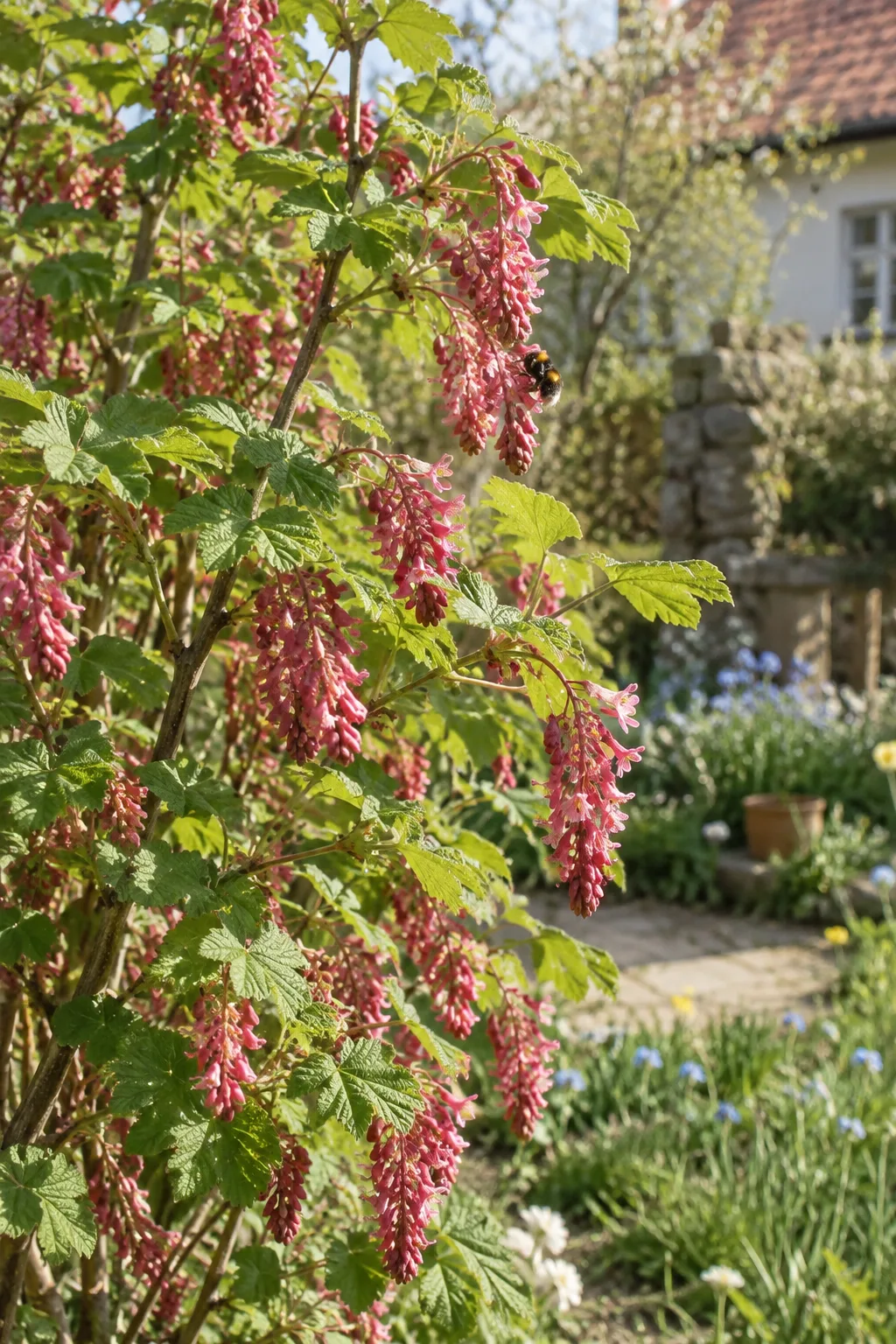 Blutjohannisbeere im April mit vielen hängenden Trauben kleiner, rötlich-rosa Röhrenblüten zwischen jungen, gelappten Blättern, eine Hummel fliegt an